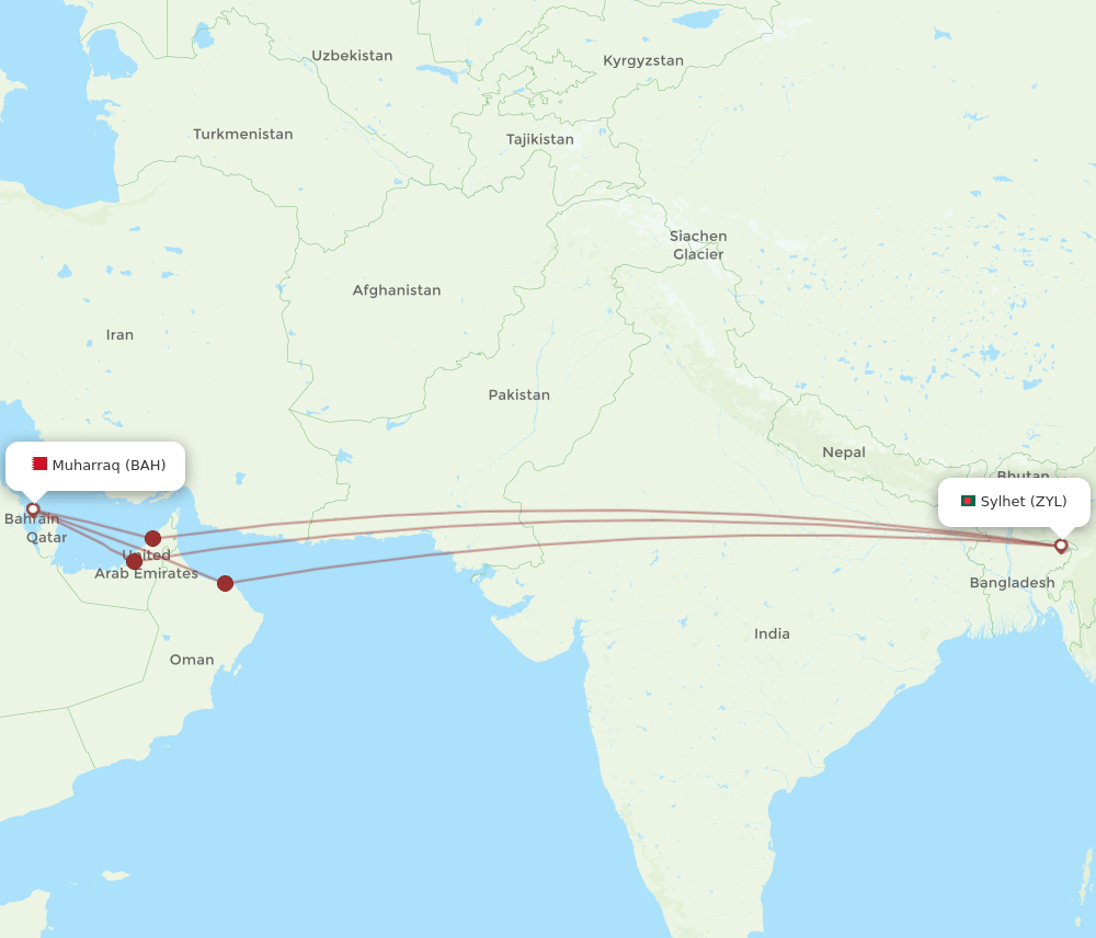 BAH to ZYL flights and routes map