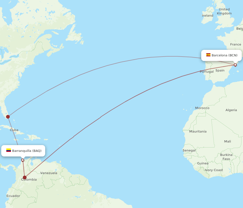 BAQ-BCN flight routes