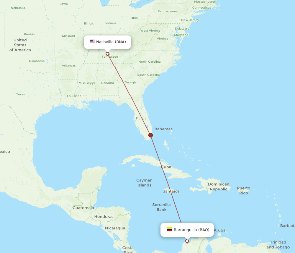 BAQ to BNA flights and routes map