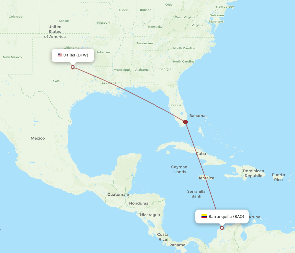 BAQ-DFW flight routes