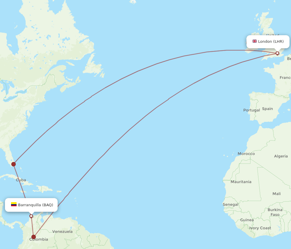 BAQ-LHR flight routes