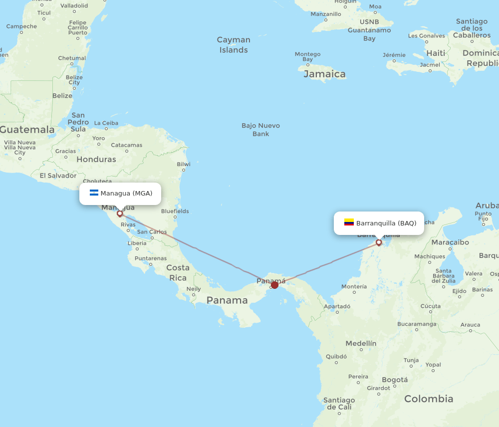 Managua - Barranquilla route map and flight paths