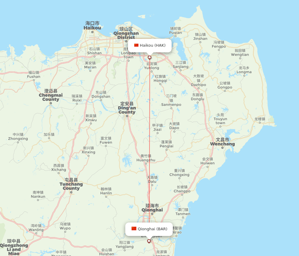 Haikou - Qionghai route map and flight paths