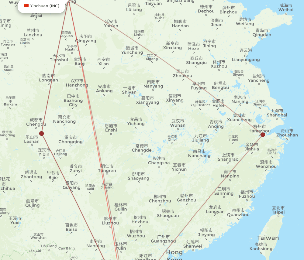 Qionghai - Yinchuan route map and flight paths