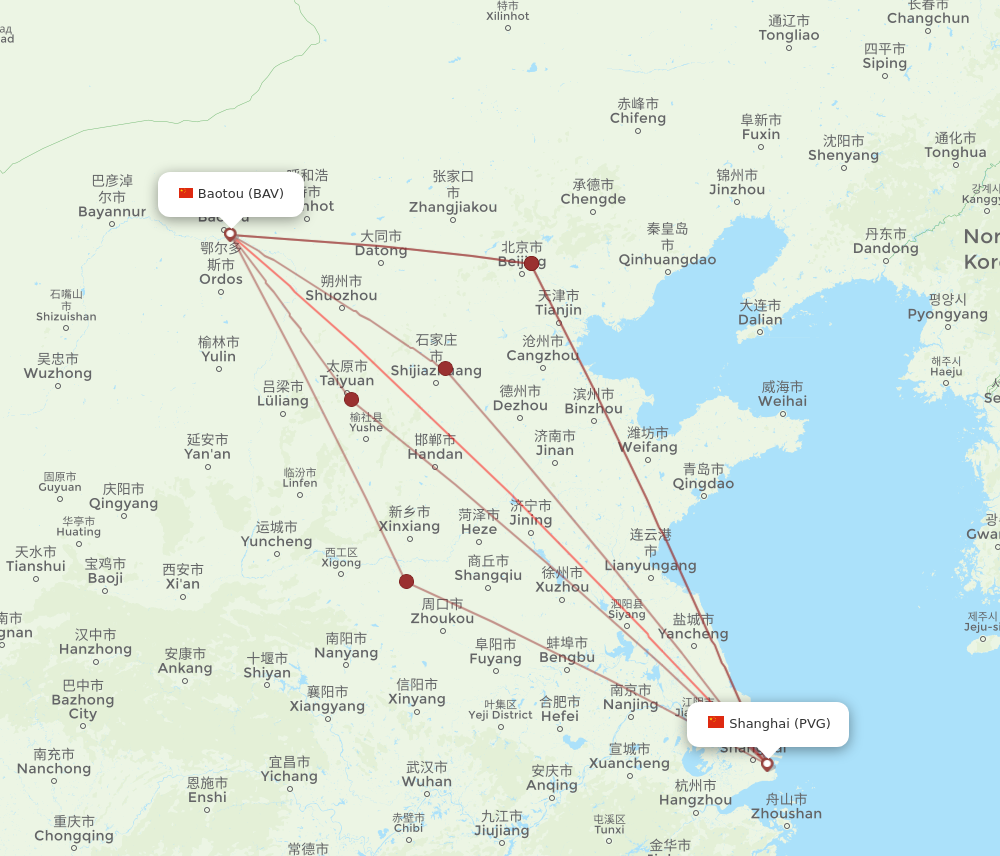 BAV to PVG flights and routes map