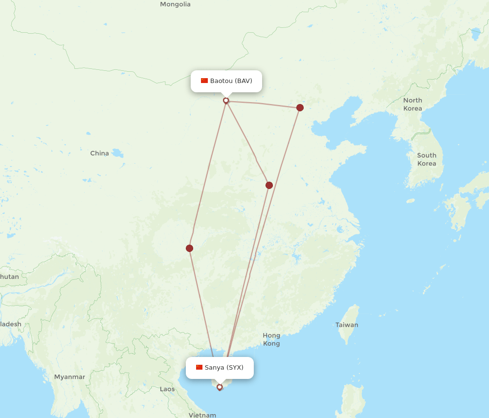 BAV to SYX flights and routes map