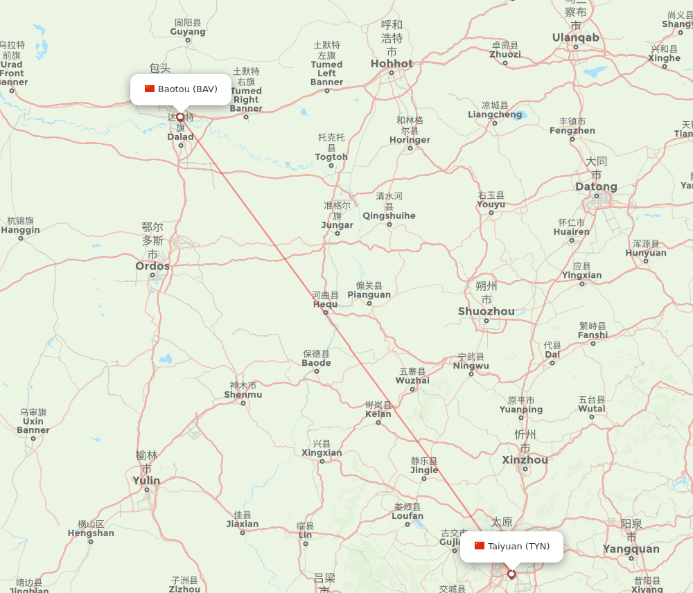 Baotou - Taiyuan route map and flight paths