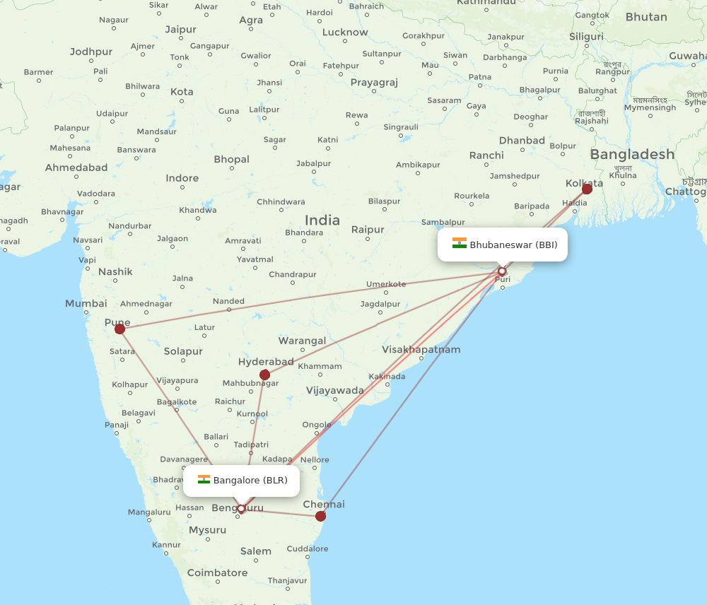 BBI to BLR flights and routes map