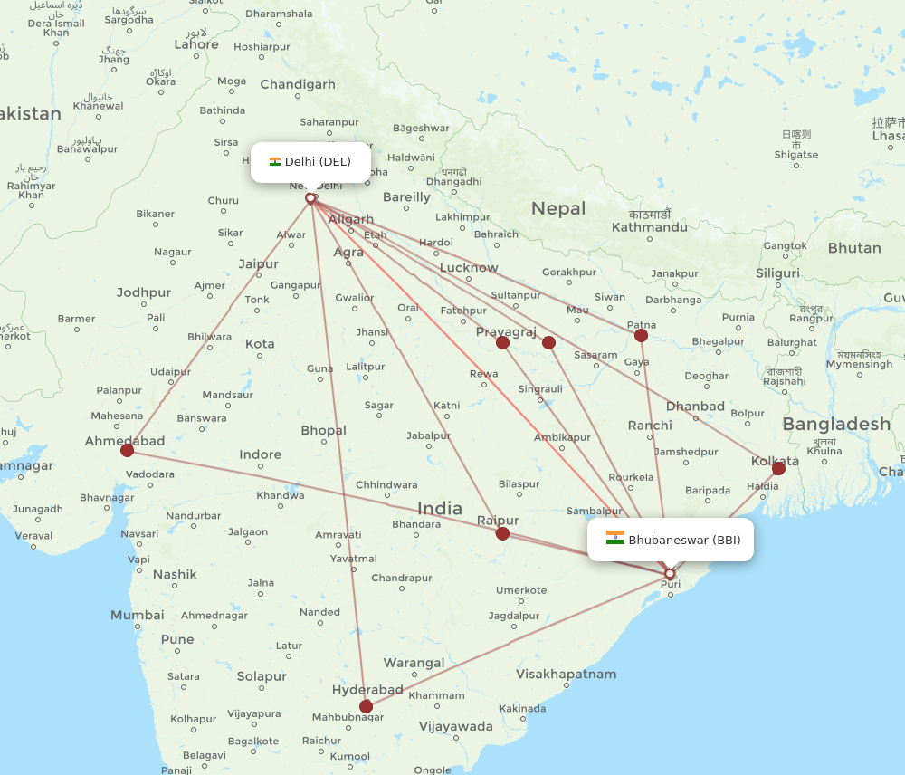 BBI to DEL flights and routes map