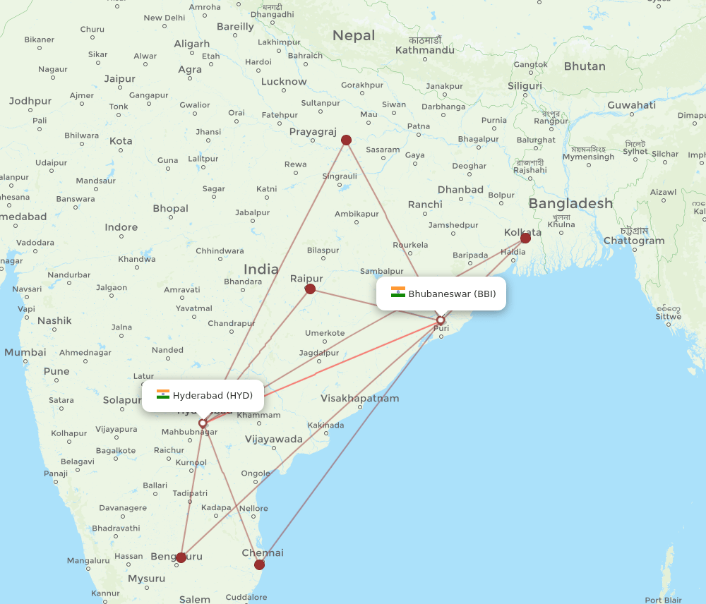 BBI to HYD flights and routes map