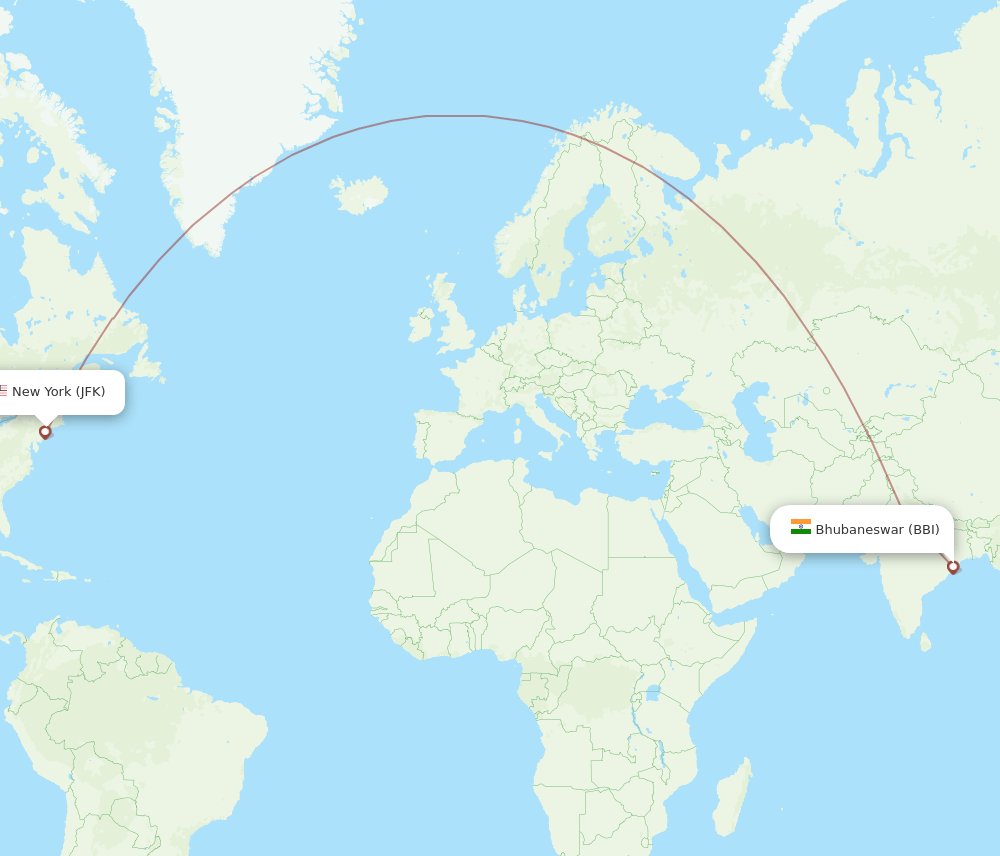 New York - Bhubaneswar route map and flight paths