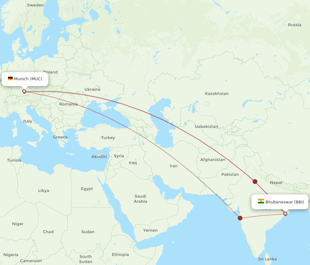 Munich - Bhubaneswar route map and flight paths