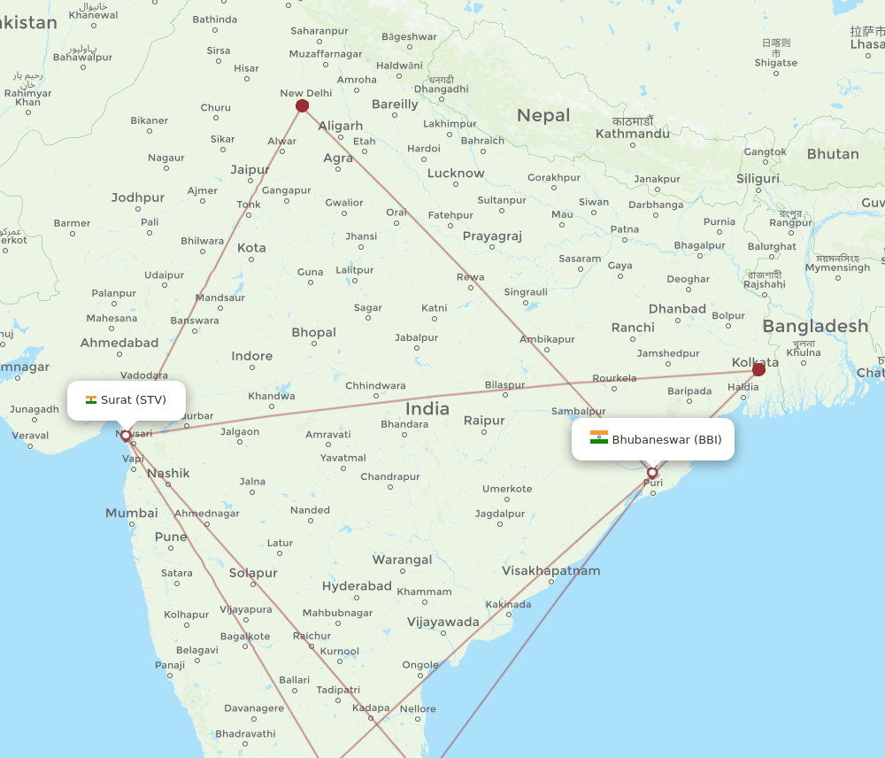 BBI to STV flights and routes map