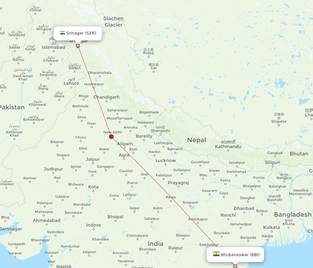 BBI-SXR flight routes