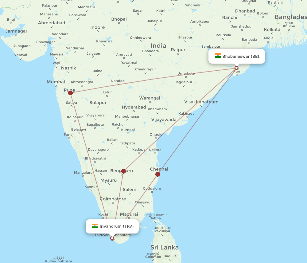 BBI-TRV flight routes