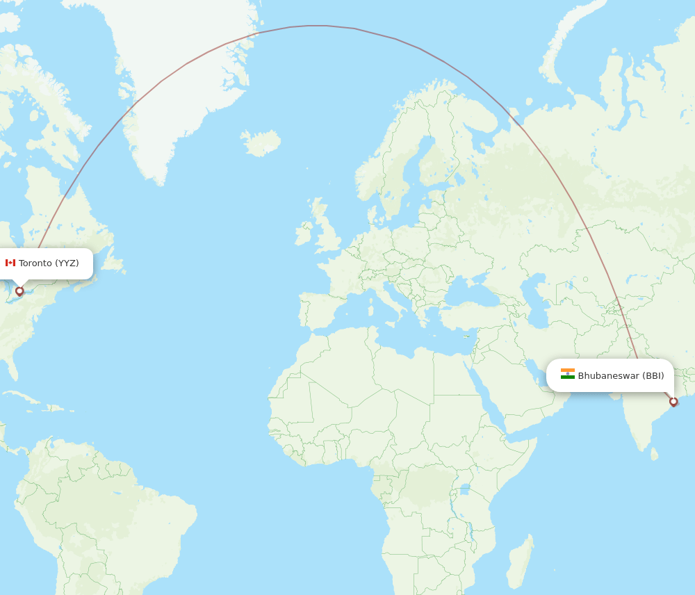 Toronto - Bhubaneswar route map and flight paths