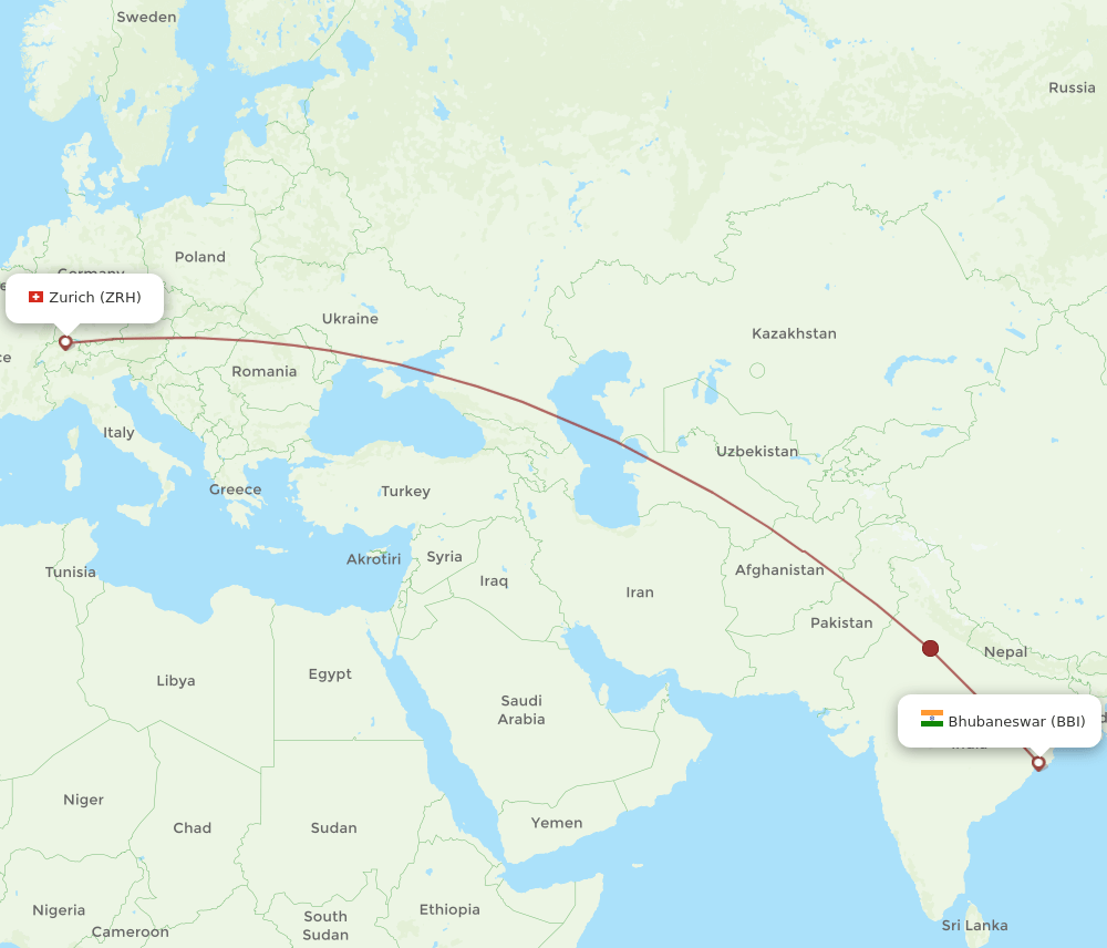 Zurich - Bhubaneswar route map and flight paths