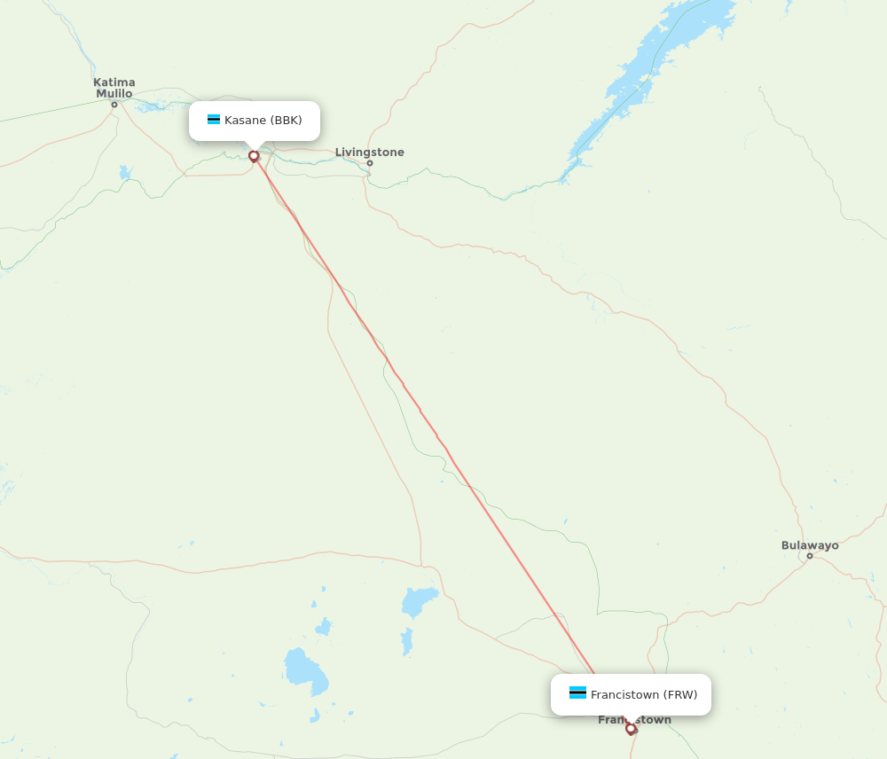 Kasane - Francistown route map and flight paths