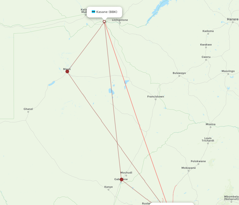 BBK to JNB flights and routes map