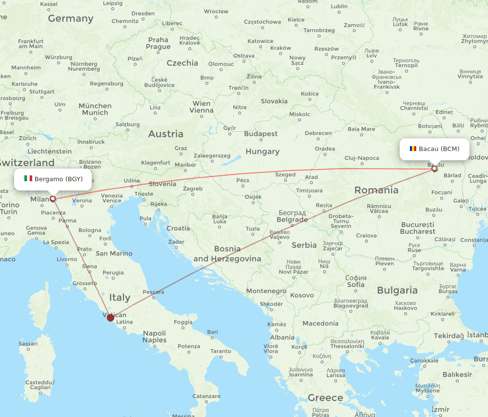 Bacau - Milan route map and flight paths