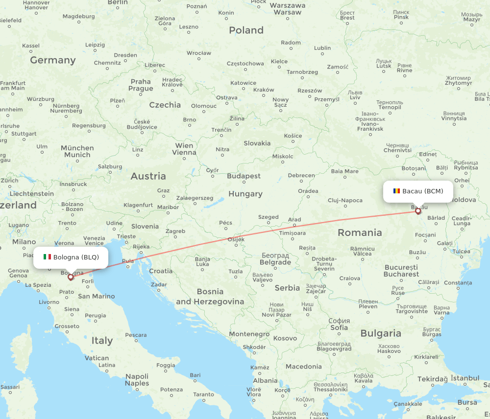 Bacau - Bologna route map and flight paths