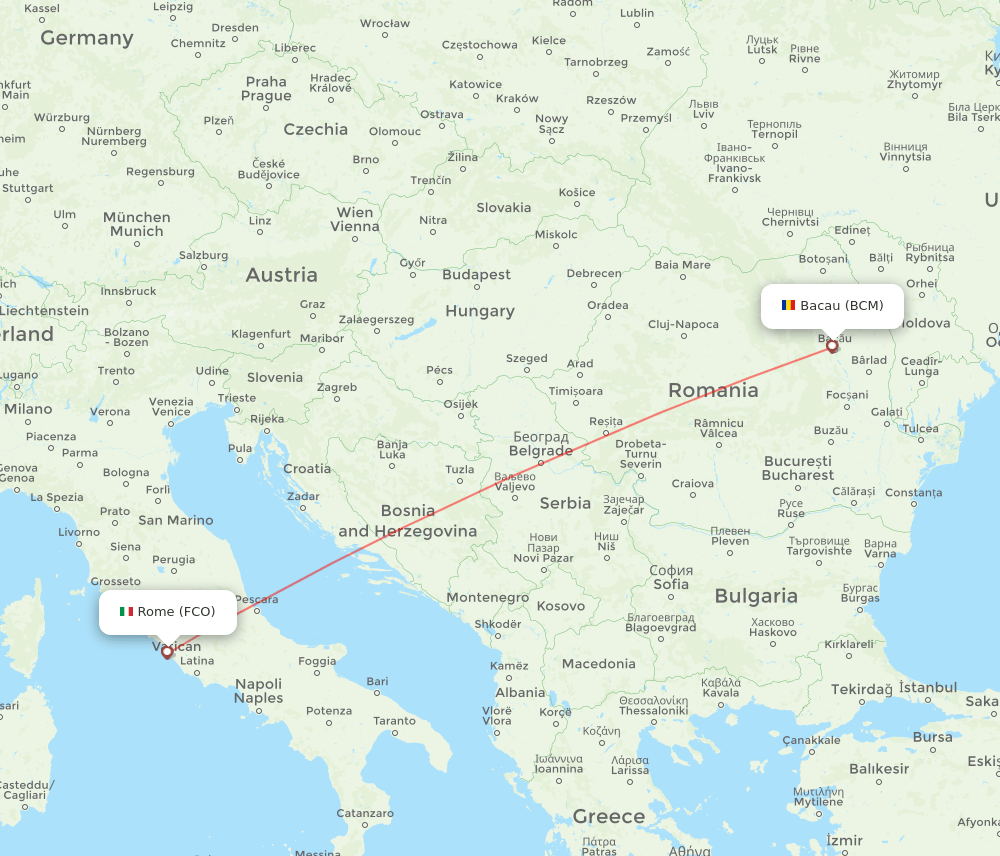 Bacau - Rome route map and flight paths