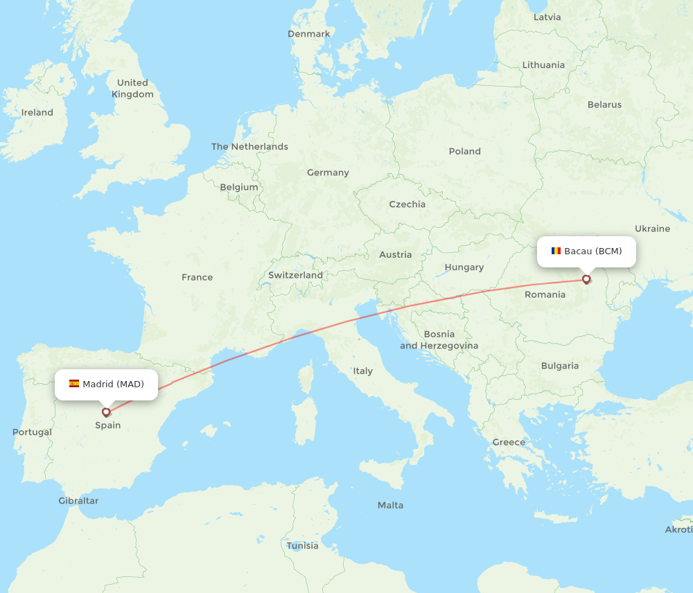 Bacau - Madrid route map and flight paths