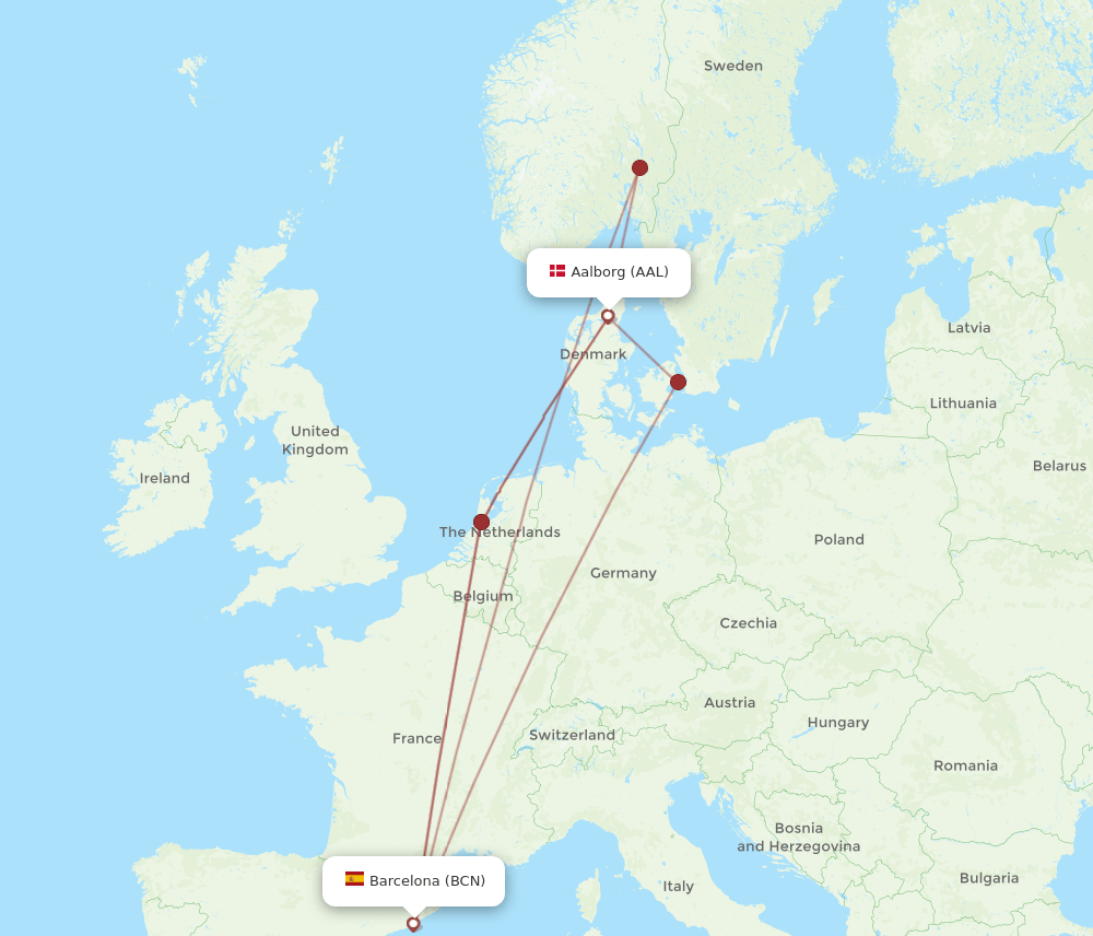 BCN to AAL flights and routes map