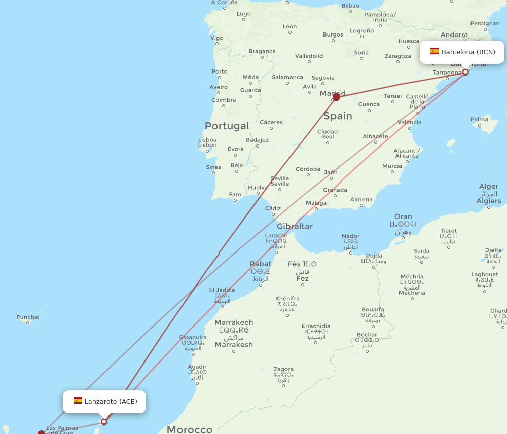 BCN to ACE flights and routes map