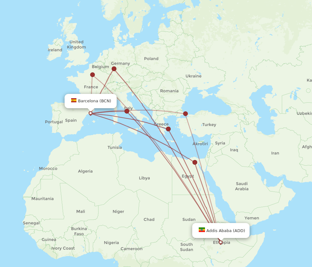 BCN to ADD flights and routes map