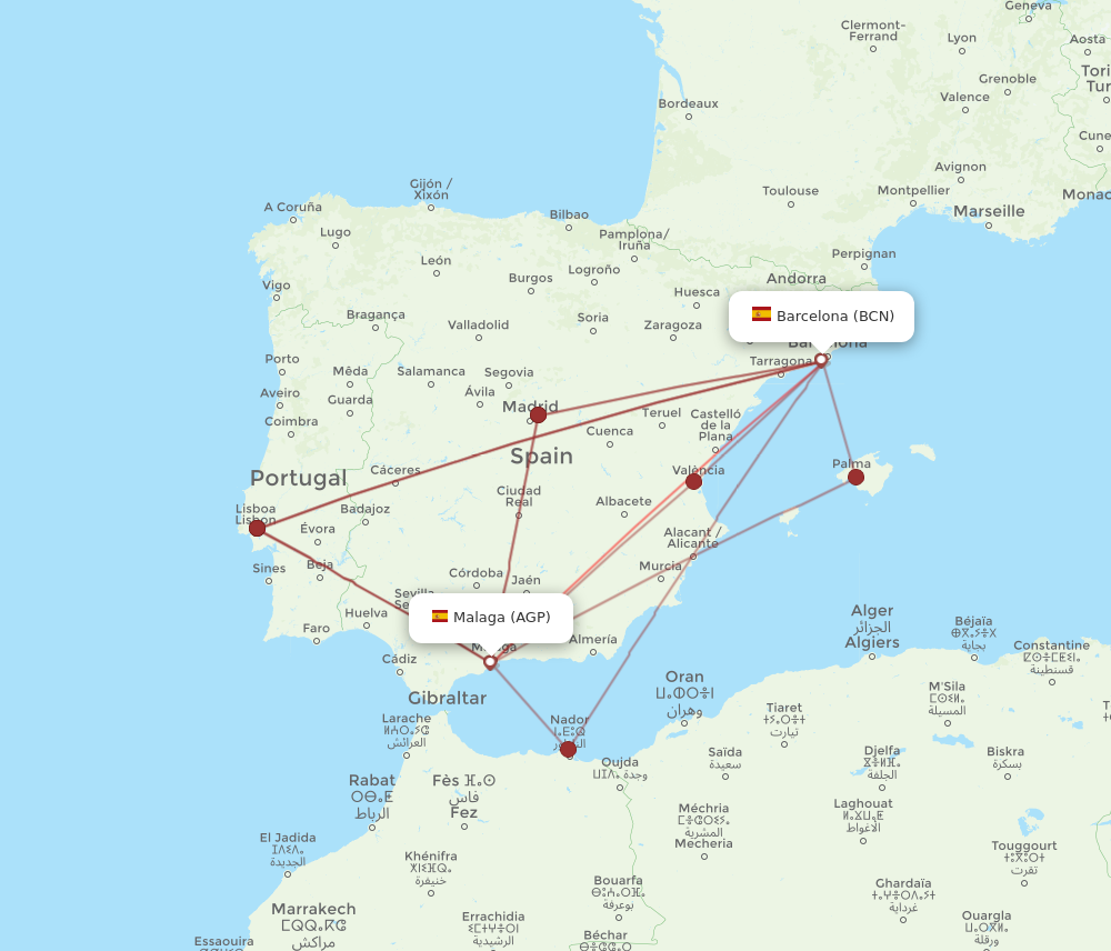 BCN to AGP flights and routes map
