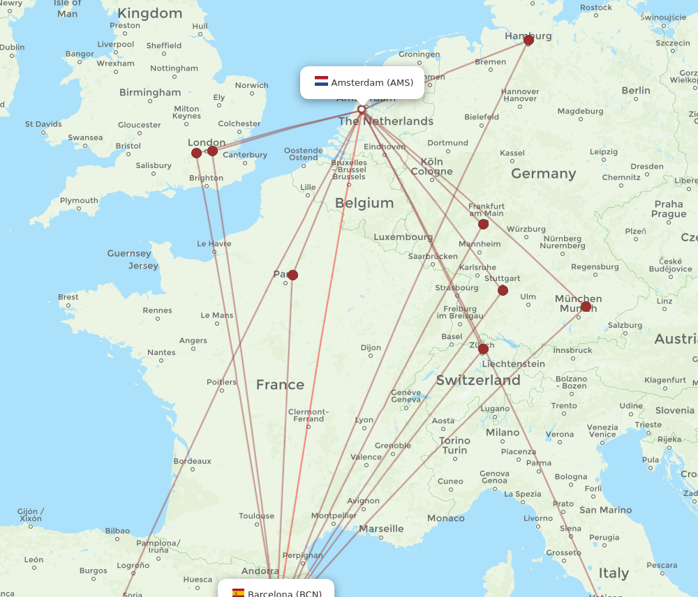 BCN to AMS flights and routes map