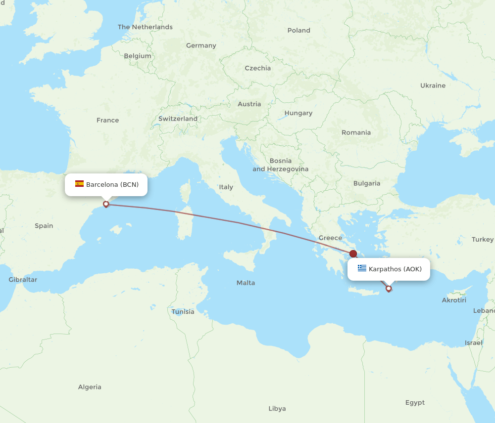 Karpathos - Barcelona route map and flight paths