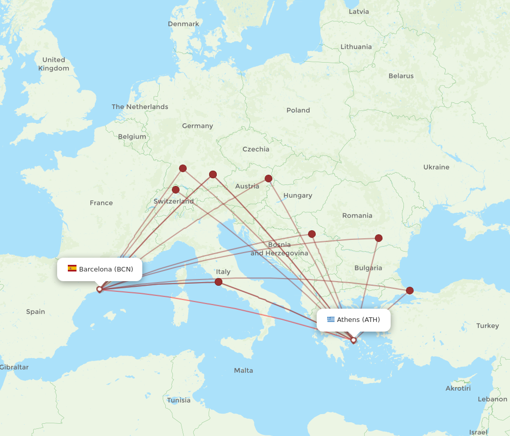 BCN to ATH flights and routes map
