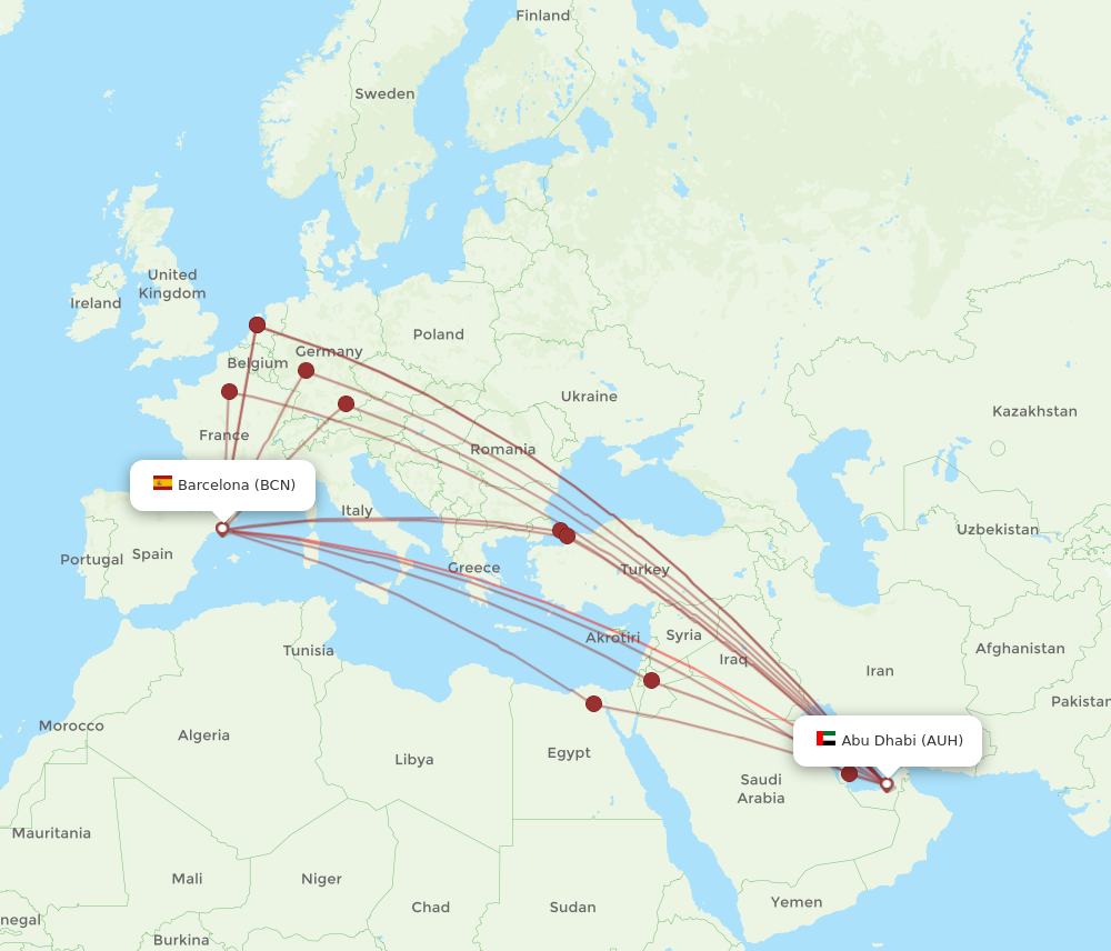 BCN to AUH flights and routes map