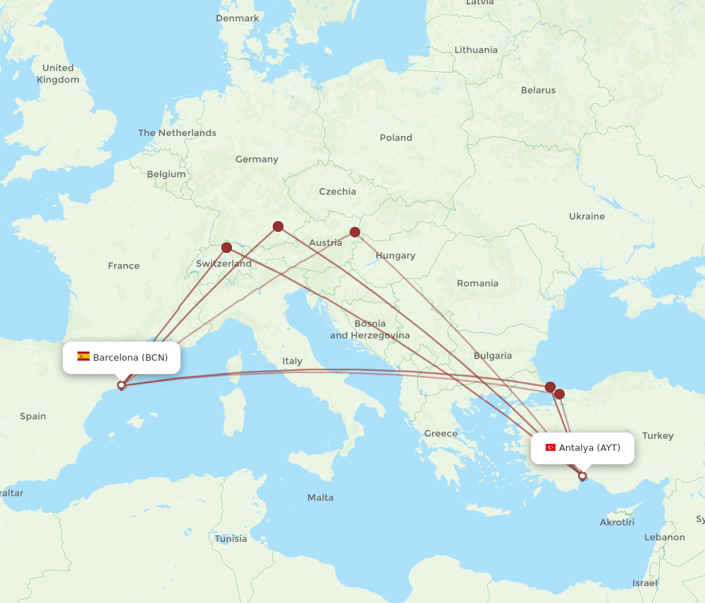 BCN to AYT flights and routes map