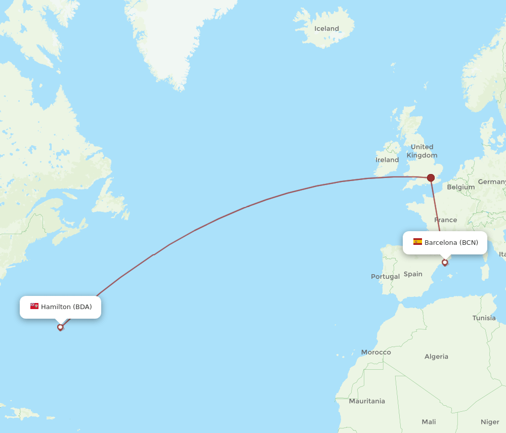 BCN to BDA flights and routes map