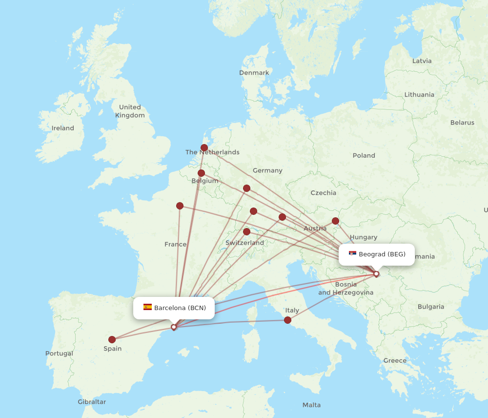 BCN to BEG flights and routes map