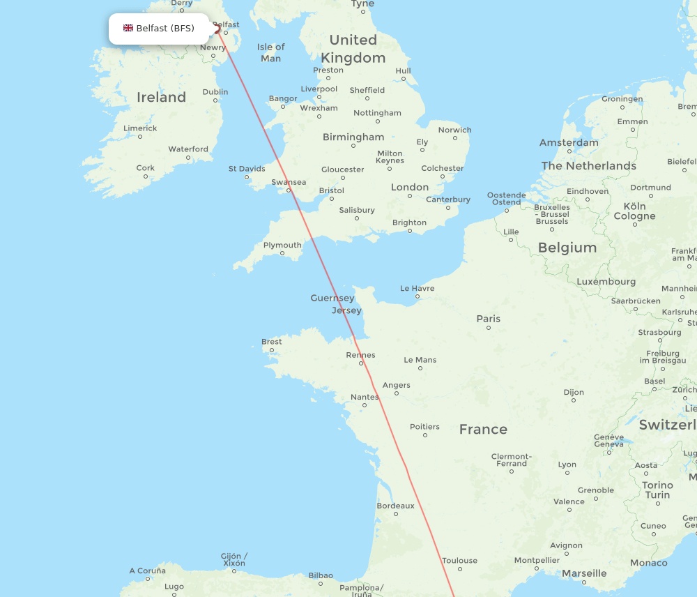 Barcelona - Belfast route map and flight paths