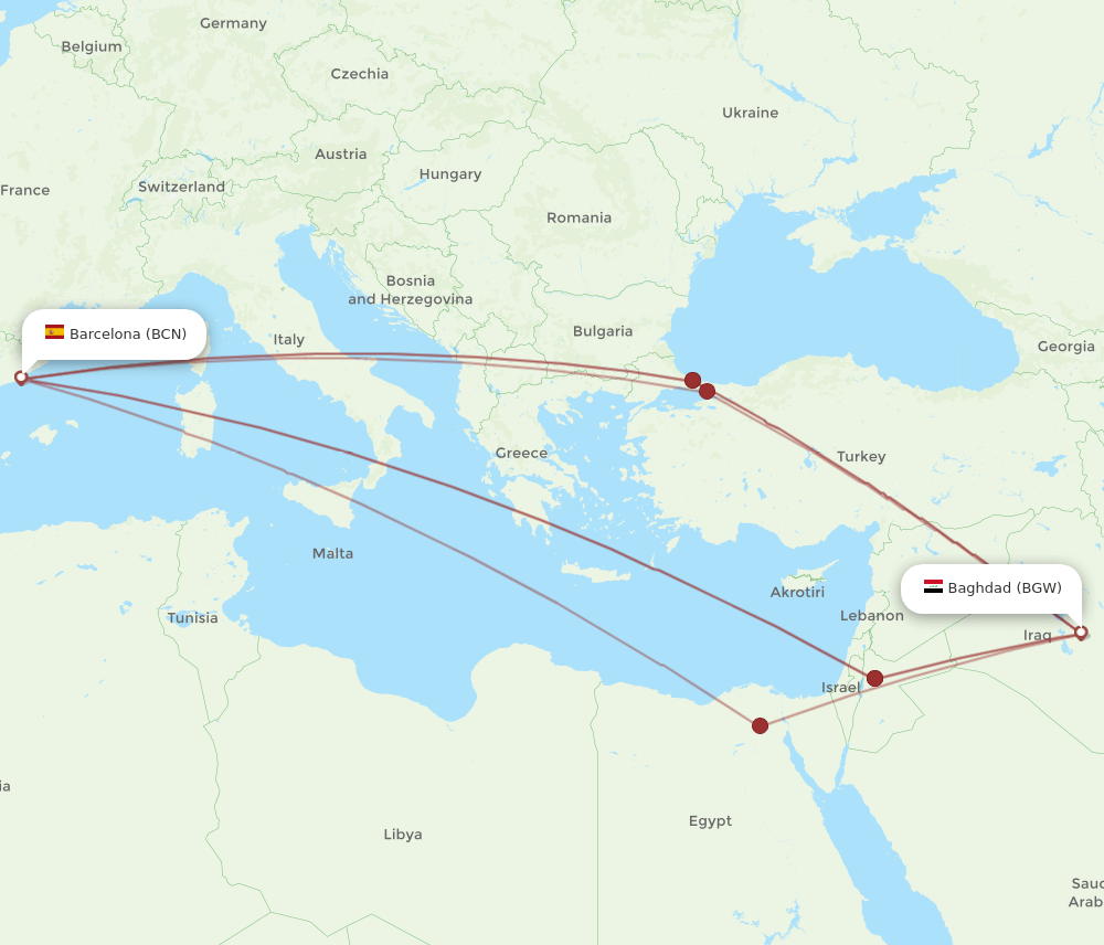 BCN-BGW flight routes
