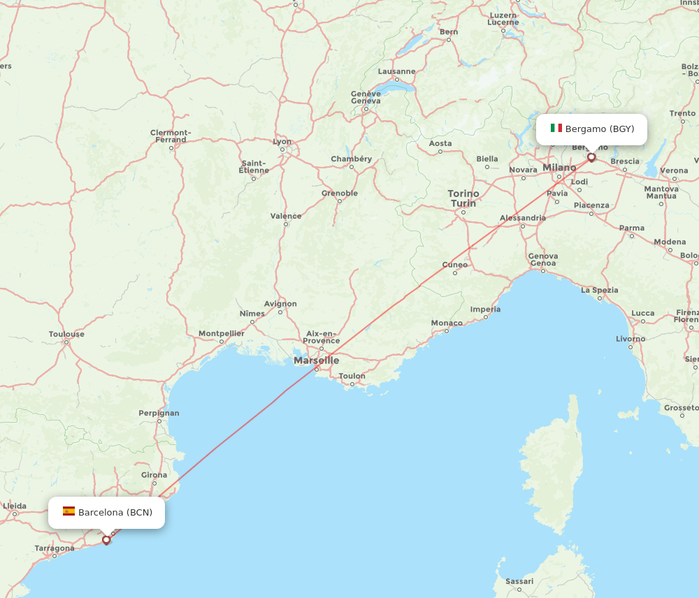 Barcelona - Milan route map and flight paths