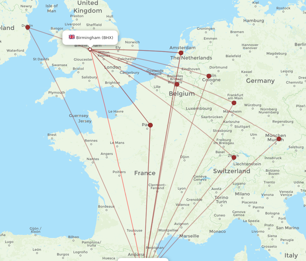 BCN to BHX flights and routes map
