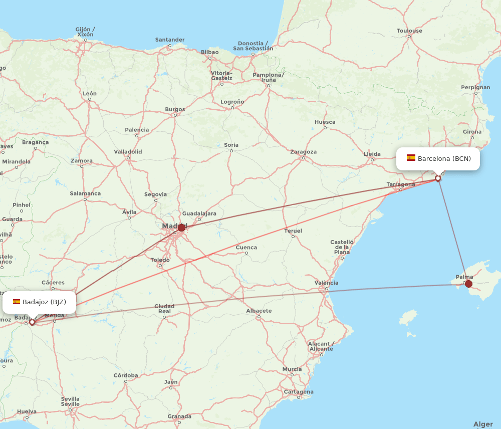 BCN to BJZ flights and routes map