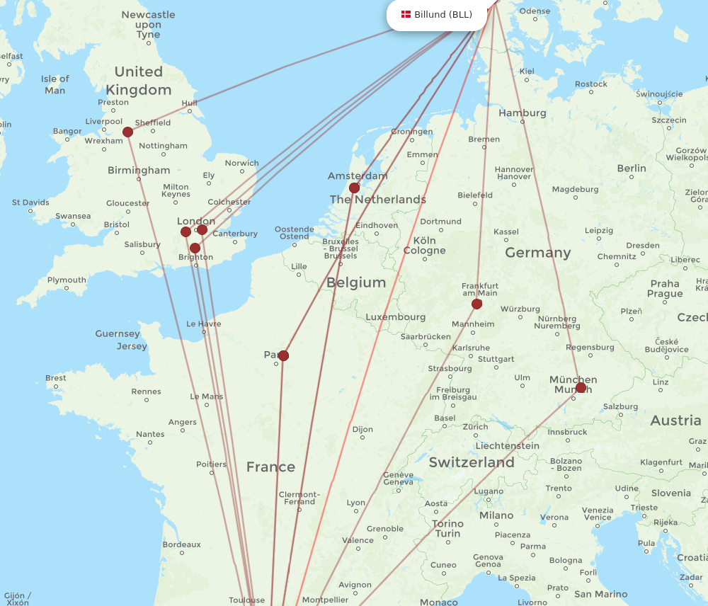 BCN to BLL flights and routes map