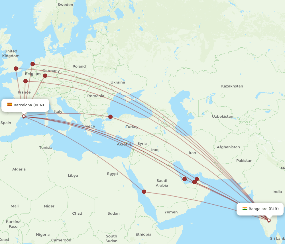 BCN-BLR flight routes