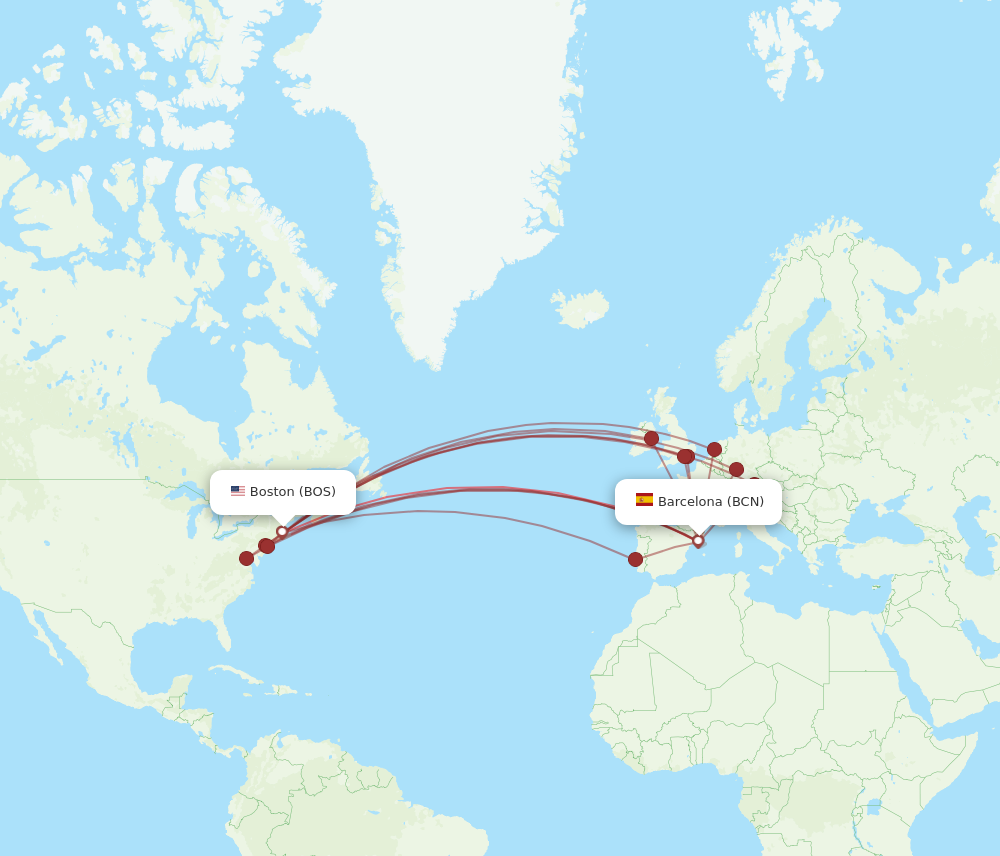 BCN to BOS flights and routes map