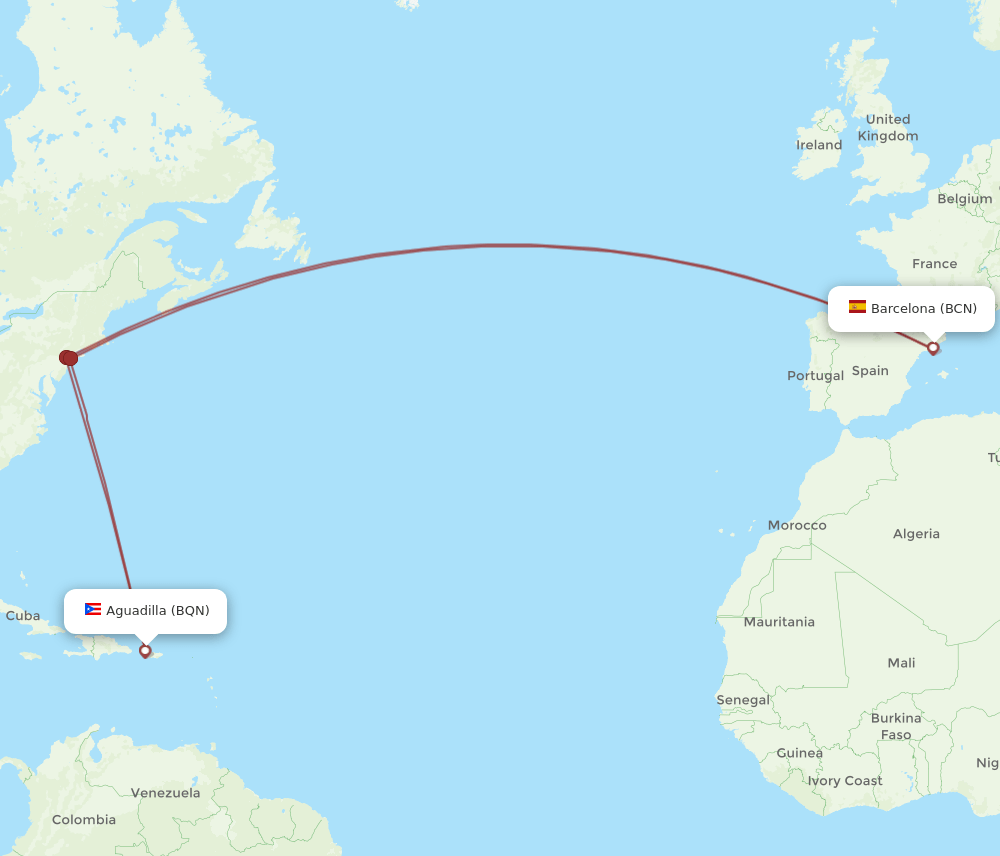 BCN to BQN flights and routes map