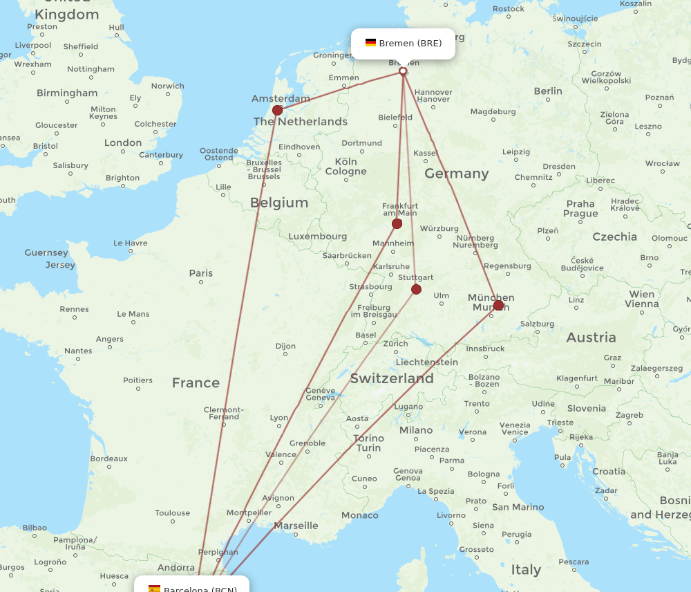 BCN to BRE flights and routes map