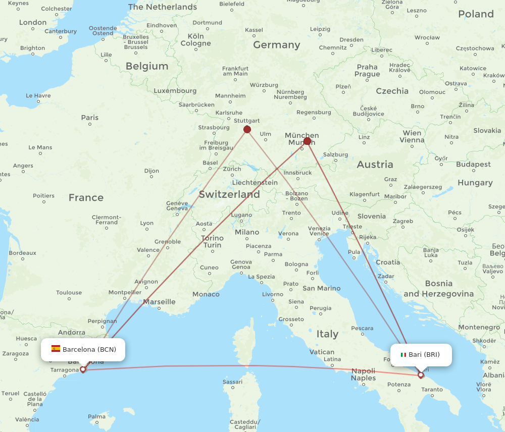 BCN to BRI flights and routes map