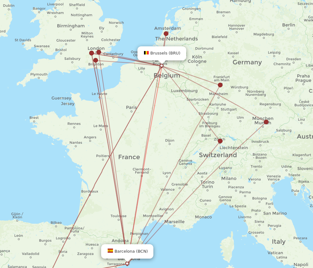 BCN to BRU flights and routes map